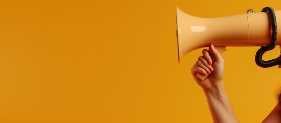 Woman holding megaphone on yellow color background - obrazy, fototapety, plakaty