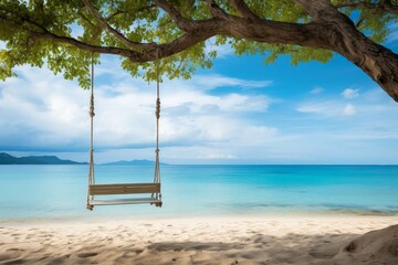 Vibrant Hanging tropical swing. Ocean swing sand. Generate Ai - obrazy, fototapety, plakaty