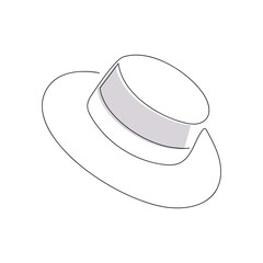 Hat with black ribbon drawn in one continuous line. One line drawing, minimalism. Vector illustration.