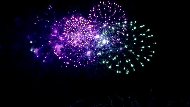 Best beautiful color fireworks in night sky. Slow motion. Sparks, outdoor, show, event, party, festive, holiday, effect, bright, light, flash, shiny, fun, dark, glow, view, display, hd. ProRes 422 HQ