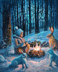 Little kid in warm clothes warms himself by the fire with hares in a snowy winter forest. Original oil painting on canvas art. Snowy cold forest trees and snowdrifts landscape. Modern hand drawn image