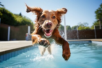 Exciting Dog jump in pool. Happy swimming. Generate Ai - obrazy, fototapety, plakaty