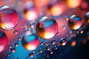 a group of water droplets sitting on top of a blue and pink surface with small drops of water on the top of the drops of the drops of the water.