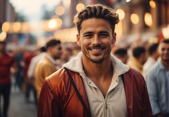 Fototapeta premium Handsome men wearing football costume, blurred crowd of people on the background