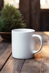 Obraz premium A pure white ceramic mug on a wooden table AI generated illustration