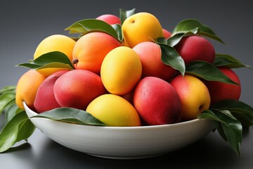  a close up of a bowl of fruit with leaves on the top of it and on the bottom of the bowl is a bowl of peaches and oranges.