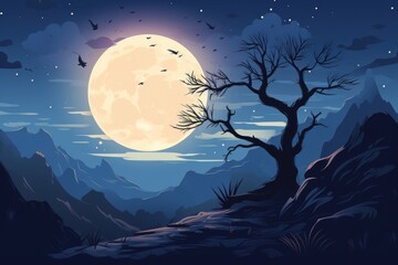  a night scene with a full moon in the sky and a tree in the foreground with birds flying in the sky and a mountain range in the foreground.