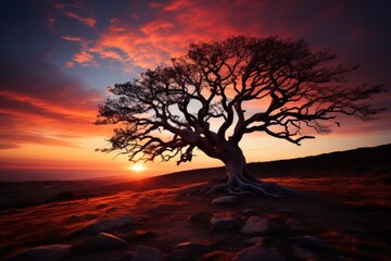  a lone tree sitting on top of a hill under a red and blue sky with a sun setting in the distance in the middle of the middle of the picture.