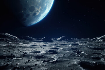  a view of the moon from the surface of the moon's surface, with a bright blue light shining on the far side of the moon in the distance.