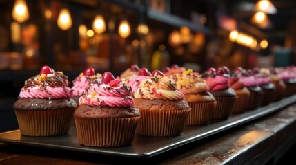  a row of chocolate cupcakes with pink frosting and sprinkles on top of each cupcake on a metal tray in front of a restaurant.