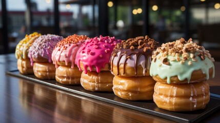  a row of doughnuts sitting on top of a black tray covered in frosting and sprinkled with sprinkles on top of a wooden table.