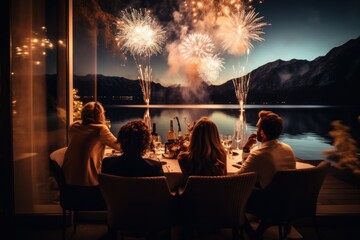  a group of people sitting at a table in front of a window with a view of a lake and fireworks in the sky at night time of the day and night. - Powered by Adobe