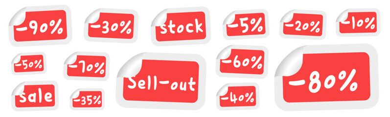 Discount offer price list. Discount labels. Discount signs. Special sales and purchase offers.