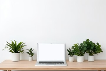 Copy space mockup template laptop monitor with a white screen on a wooden table. Cozy minimalistic workplace at home, Generative AI.