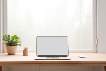 Fototapeta premium Copy space mockup template laptop monitor with a white screen on a wooden table. Cozy minimalistic workplace at home near window, Generative AI.