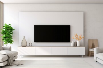 TV monitor with a black screen in a cozy bright modern home interior. Copy space mockup template television. Generative AI.