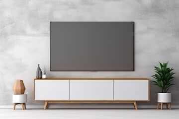 TV monitor with a grey screen in a cozy bright modern home interior. Copy space mockup template television. Generative AI.