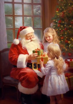 Santa Claus gives girls Christmas gifts, vintage oil painting style. Generative AI