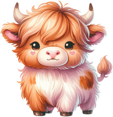 An adorable watercolor highland cow clipart perfectly isolated, with soft natural watercolor texture
