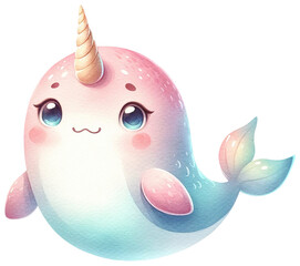 An adorable watercolor narwhal clipart perfectly isolated, with soft natural watercolor texture