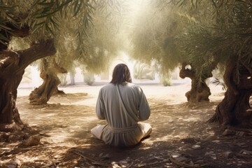 Jesus in agony praying in Gethsemane garden of olives before his crucifixion. Good Friday, Passion, Easter concept. Christian religion, faith, Salvation - 682331360