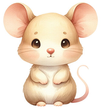 An adorable watercolor mouse clipart perfectly isolated, with soft natural watercolor texture