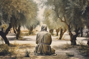 Jesus in agony praying in Gethsemane garden of olives before his crucifixion. Good Friday, Passion, Easter concept. Christian religion, faith, Salvation - 682331783