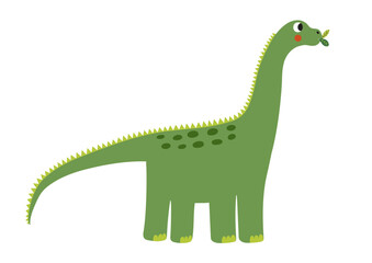 Cute brachiosaurus animal isolated on white background. Funny green dinosaur diplodocus eating leaves. Vector illustration