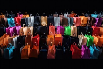 Many colorful shopping bags together, black friday sale. Generative Ai.