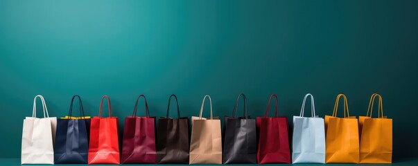 Many colorful shopping bags together, black friday sale panorama. Generative Ai.