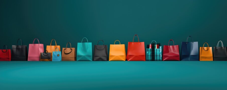 Many colorful shopping bags together, black friday sale panorama. Generative Ai.