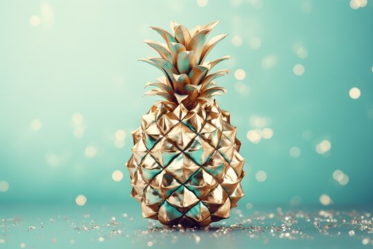  a close up of a pineapple on a table with a blue background and some gold flecks on the bottom of the pineapple and the top of the pineapple.