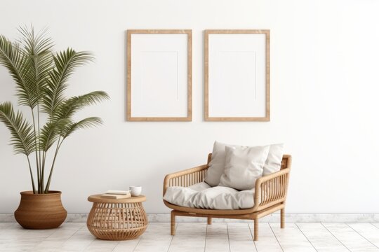 Two wooden frames with a pictures or photos on white wall in a colorful cozy modern interior. Copy space mockup template. Generative AI.