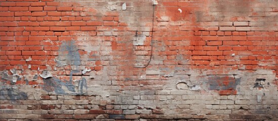 From a distance, the texture of the brick wall appeared rough, revealing the craftsmanship of its construction; the faded red paint added character, while sprinkles of graffiti added a rebellious - obrazy, fototapety, plakaty
