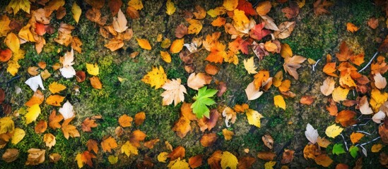 From a top view, the autumn landscape revealed a rich tapestry of colours; the forest floor, covered in a lush carpet of green grass and fallen leaves, showcased the intricate texture of each leaf and