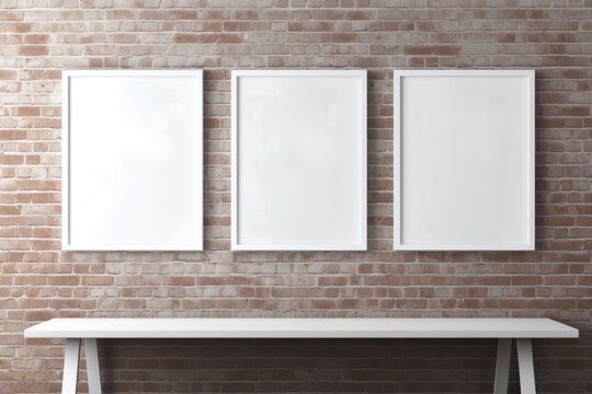 Three wooden frames with a pictures or photos on red brick wall in modern interior. Copy space white mockup template. Generative AI.