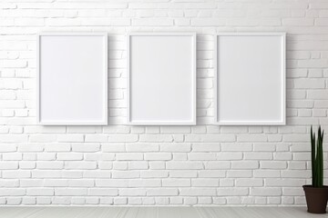 Three wooden frames with a pictures or photos on white brick wall in modern minimalistic home interior. Copy space mockup template. Generative AI.