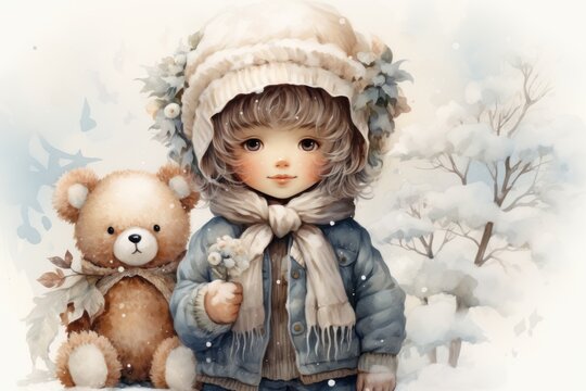  a painting of a little girl holding a teddy bear in the snow with a teddy bear dressed in a winter coat and a knitted hat, standing next to a teddy bear.