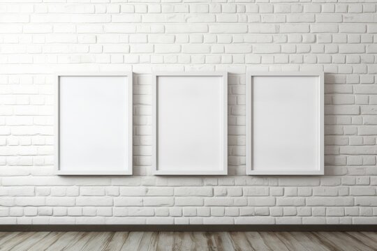 Three wooden frames with a pictures or photos on white brick wall in modern minimalistic home interior. Copy space mockup template. Generative AI.
