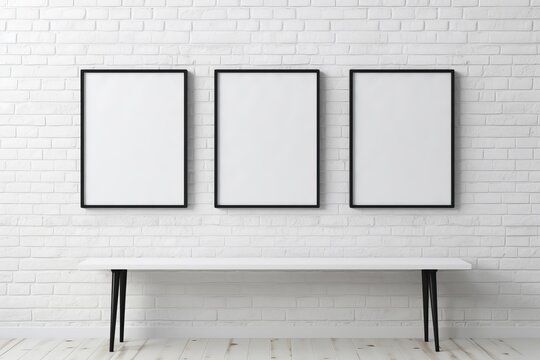 Three wooden frames with a pictures or photos on white brick wall in modern minimalistic home interior. Copy space mockup template. Generative AI.