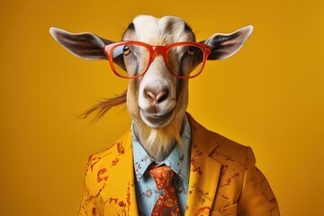  a goat wearing glasses and a suit with a tie and red glasses on it's head, standing against a yellow background, wearing a yellow jacket and tie.