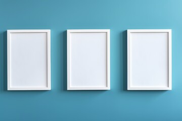 Three wooden frames with a pictures or photos on blue wall in modern minimalistic home interior. Copy space white mockup template. Generative AI.