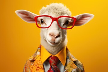  a sheep wearing a suit and tie with red glasses on it's head and wearing a yellow shirt and tie with a red tie and red glasses on it's head.