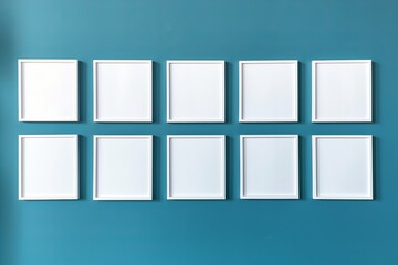 Ten wooden frames with a pictures or photos on blue wall in modern minimalistic home interior. Copy space white mockup template. Generative AI.