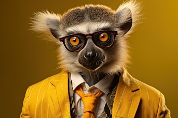  a close up of a person wearing a suit and tie with a monkey wearing glasses and a tie with a monkey wearing glasses and a suit with a yellow background.