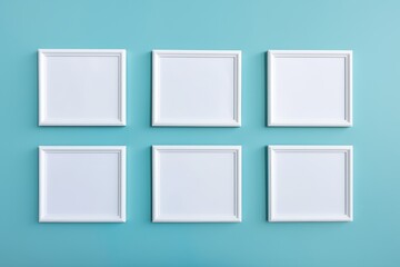 Six wooden frames with a pictures or photos on blue wall in modern minimalistic home interior. Copy space white mockup template. Generative AI.