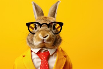  a rabbit wearing glasses and a suit with a red tie