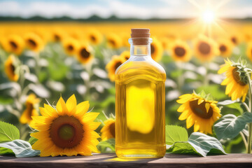 Sunflower oil bottle on a blurred yellow blooming sunflowers field background.Generative AI