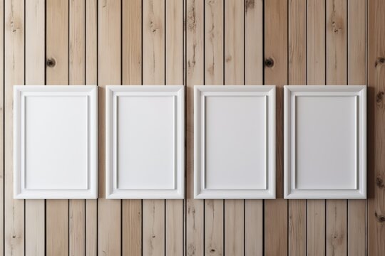 Four wooden frames with a pictures or photos on wooden wall in modern minimalistic home interior. Copy space white mockup template. Generative AI.