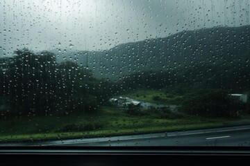  a rain covered window with a view of a green field and mountains in the distance with raindrops on the window and grass and trees in the foreground.